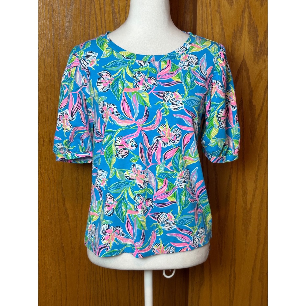 Lilly Pulitzer Rhett Keep on Beleafing Floral Puff Sleeve Pima Cotton Top Blue M